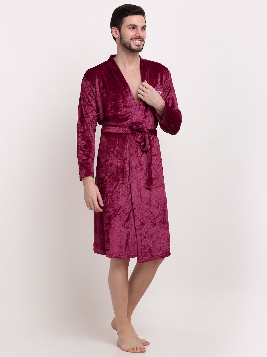 Men Maroon Solid Wool Bath Robe With Belt