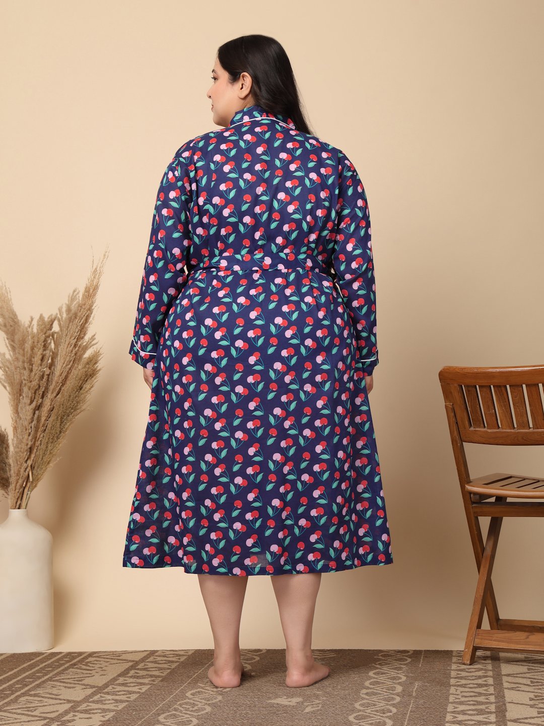 Women Printed Blue Abstract Plus Size Pure Cotton Bath Robe With Belt