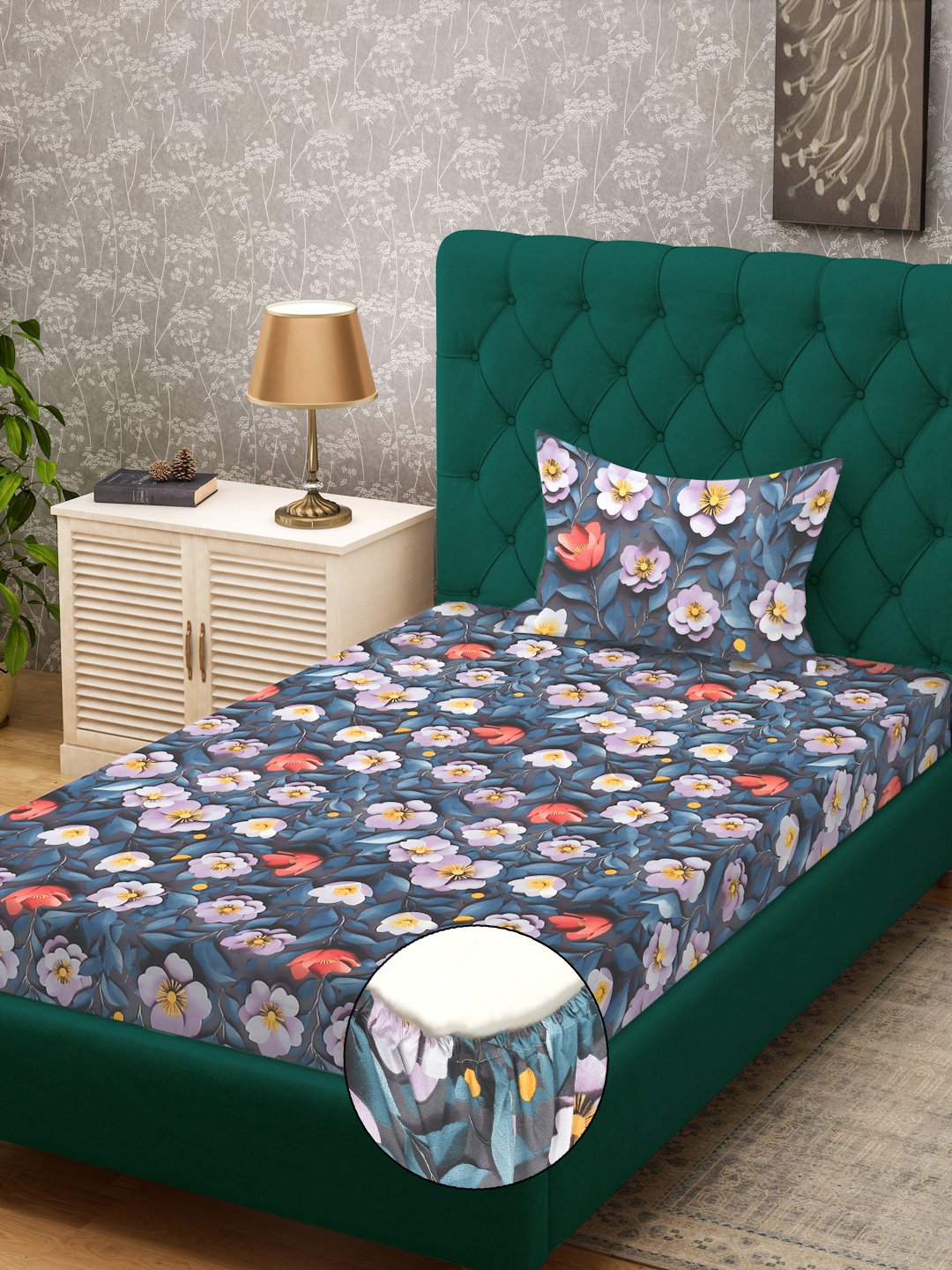Blue Floral 7D Cotton Blend Fitted Single Bedsheet with Pillow Cover