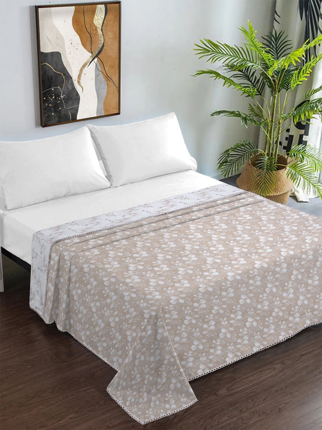 Beige Pure Cotton Floral Double Bed Dohar