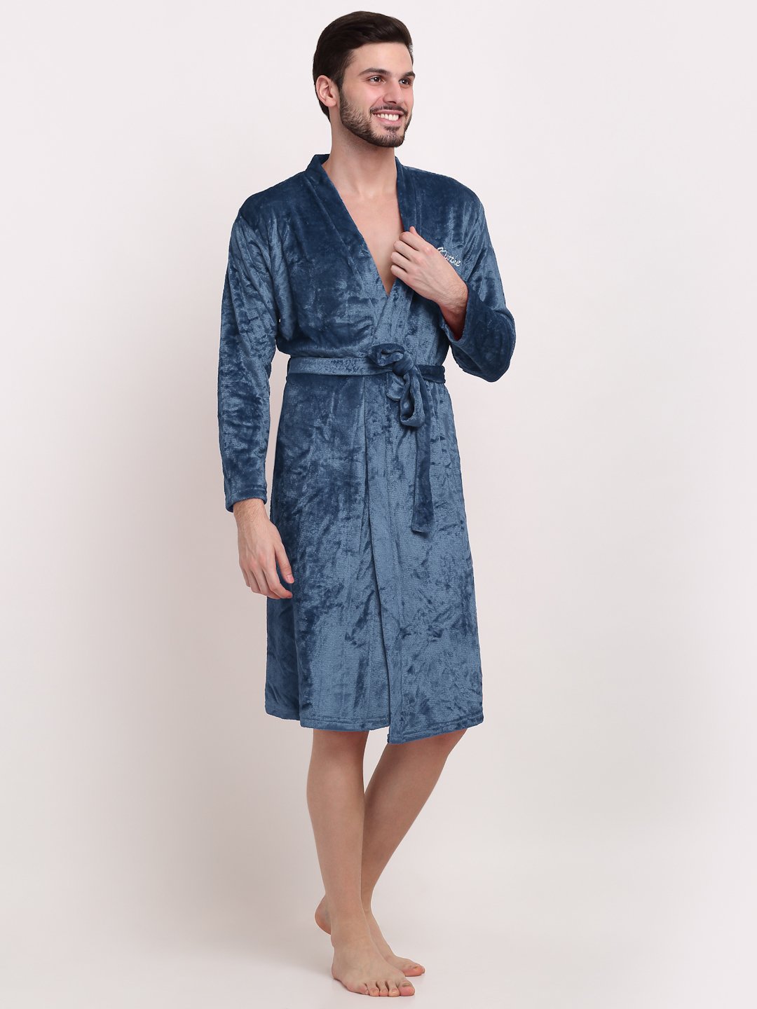 Men Turquoise Solid Wool Bath Robe With Belt