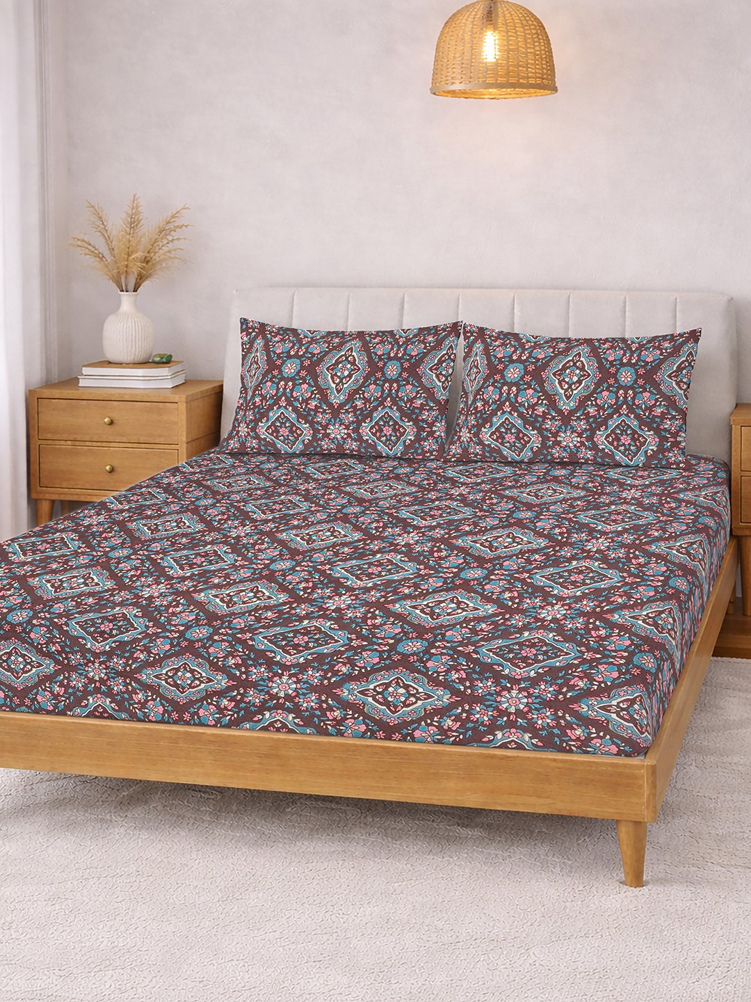 Brown Floral Cotton Blend Double Bedsheet with 2 Pillow Covers