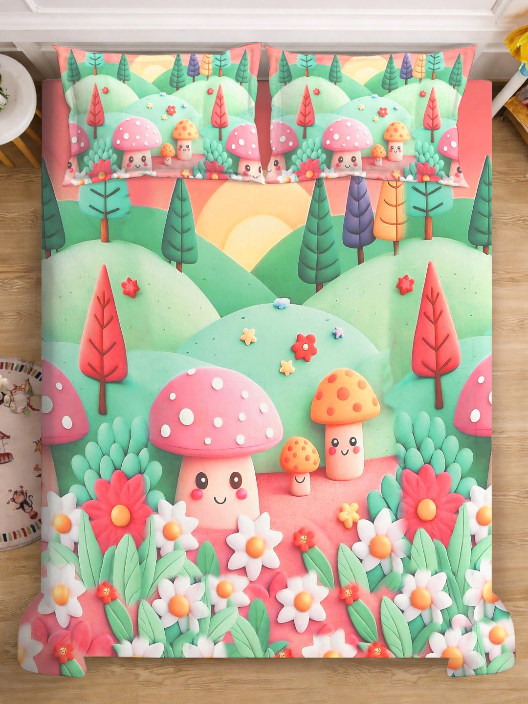 Green 7D Cartoon Characters Printed Cotton Blend Double Bedsheet with 2 Pillow Covers