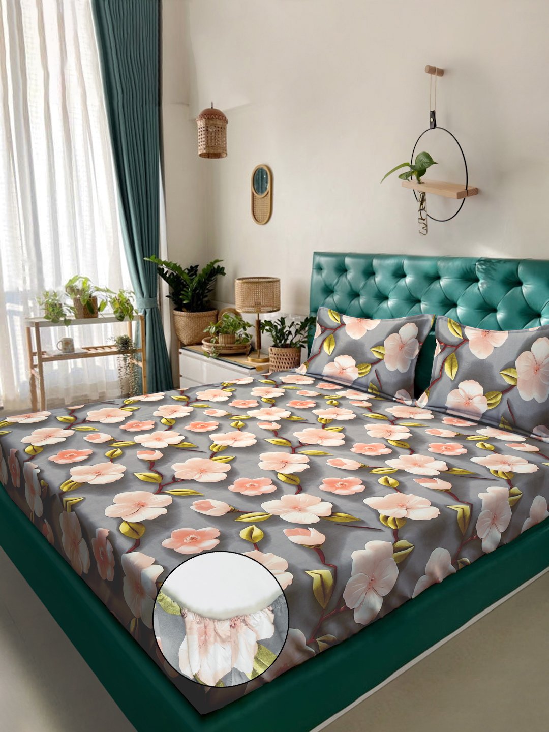 Grey Floral 7D King Size Cotton Blend Fitted Double Bedsheet with 2 Pillow Covers