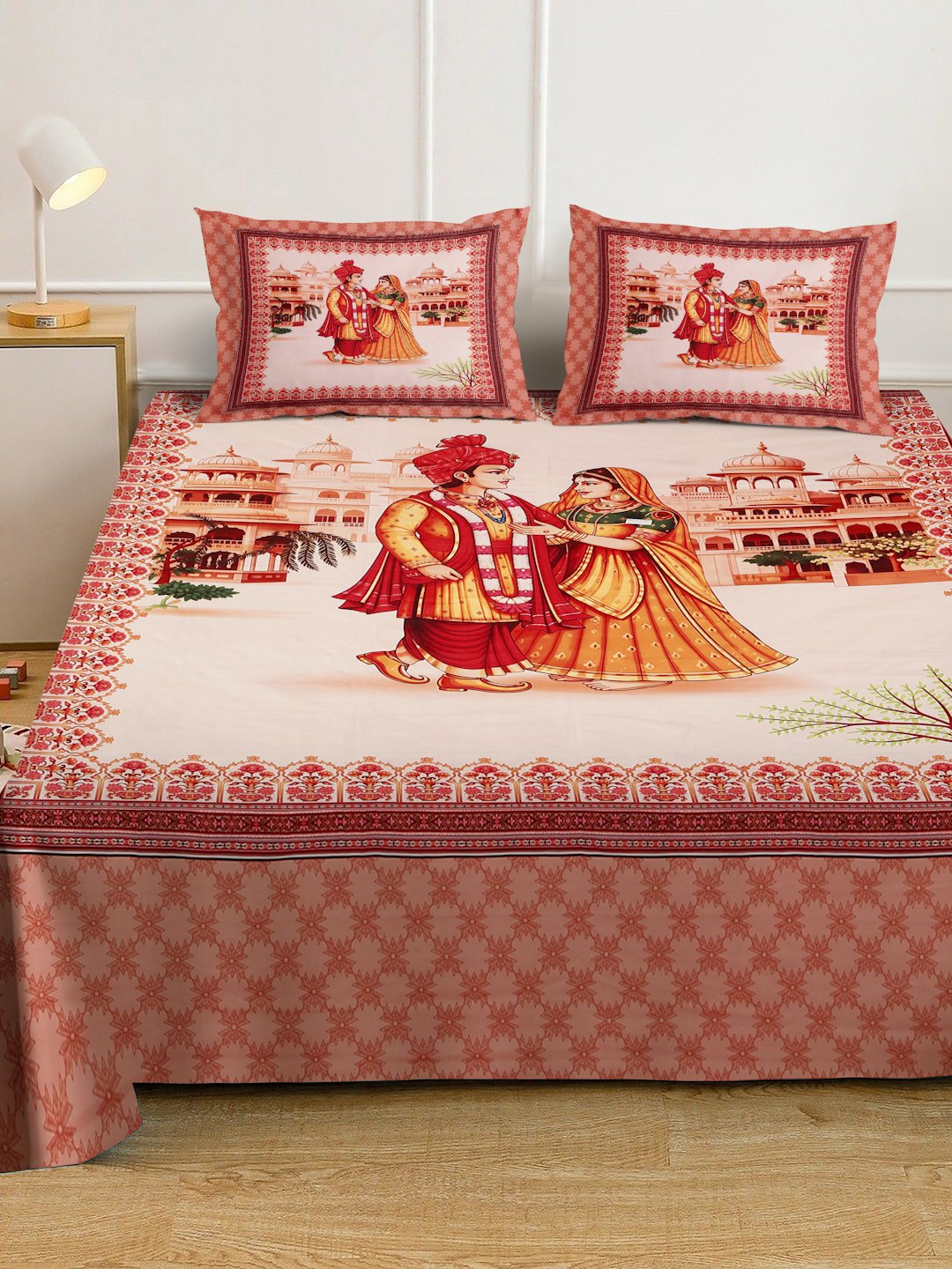 Rust Digital Ethnic Motifs Printed Cotton Blend Fitted Double Bedsheet with 2 Pillow Covers