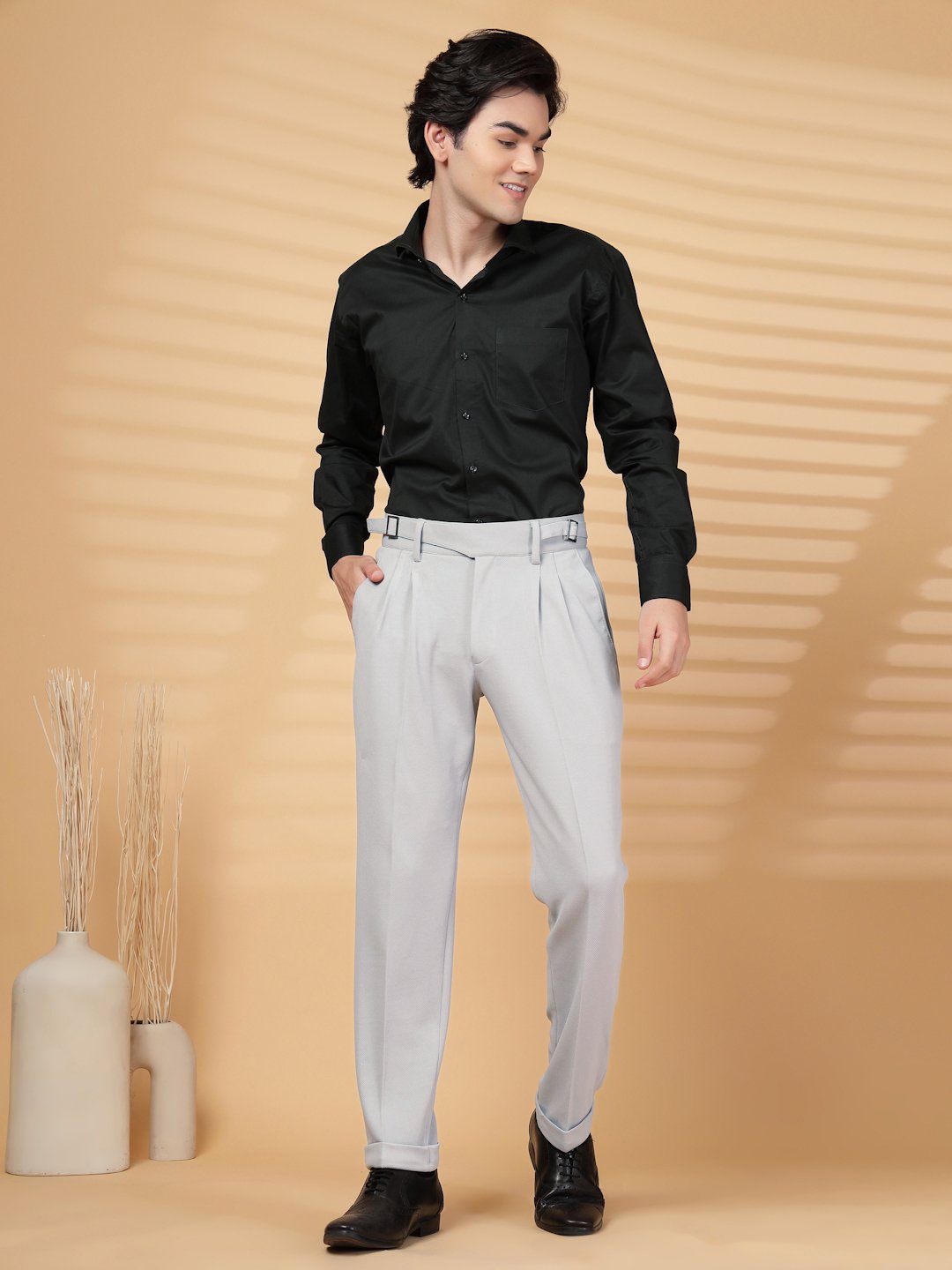 Light Grey Lycra Cotton Solid Smart Fit Formal Trouser