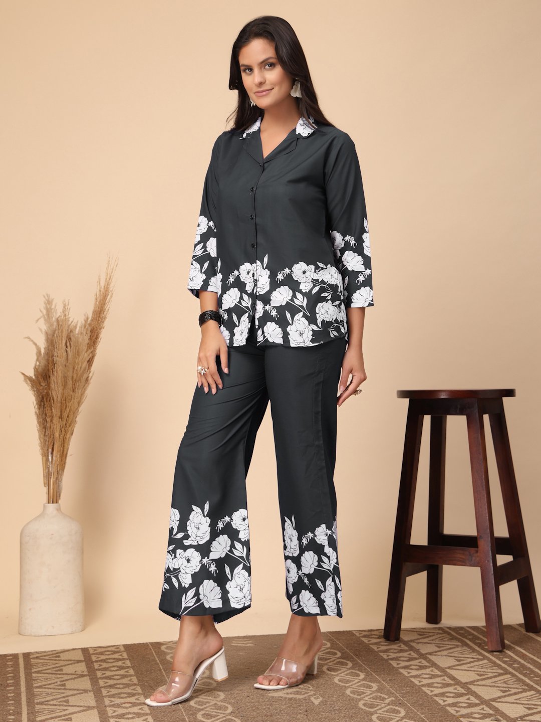 Black Cotton Printed Shirt With Trousers Co-Ords Set