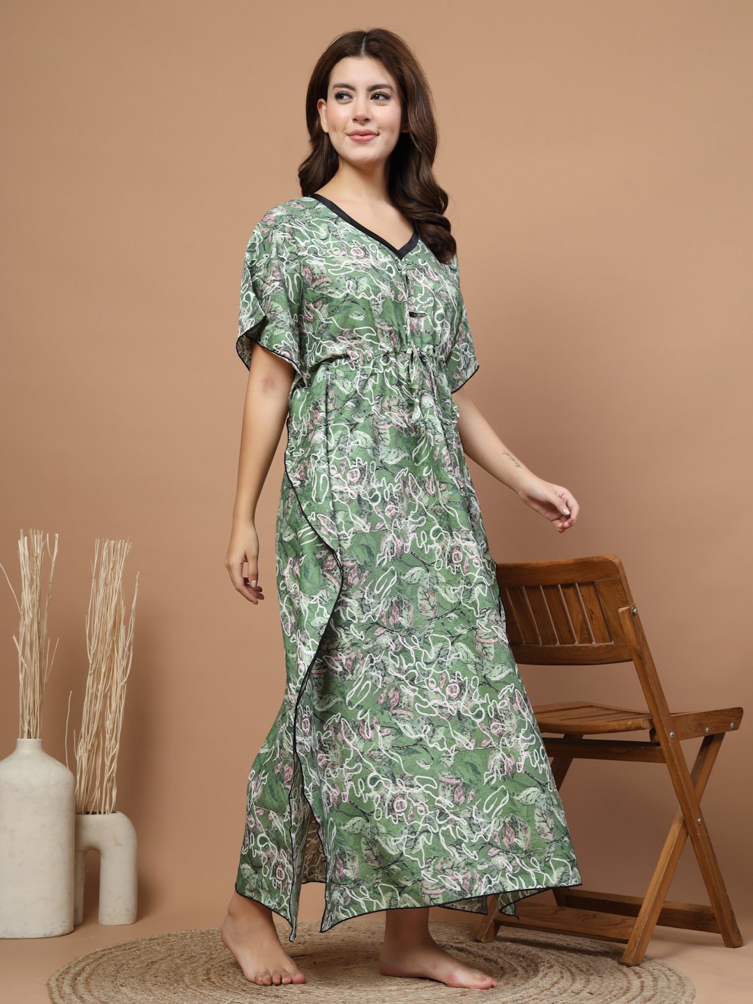 Green Floral Cotton Blend Kaftan Maxi Nightdress