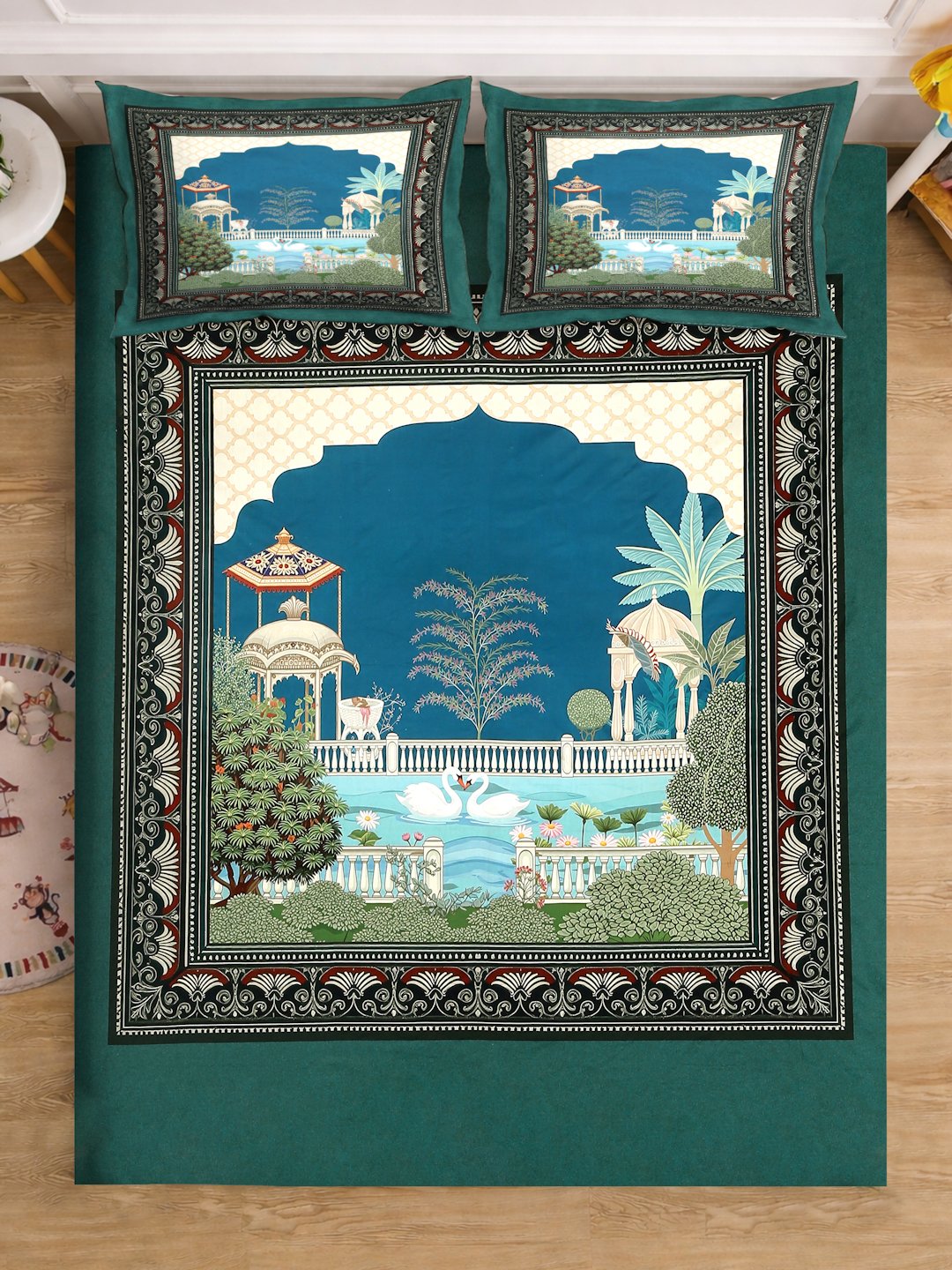 Green Digital Ethnic Motifs Printed Cotton Blend Fitted Double Bedsheet with 2 Pillow Covers