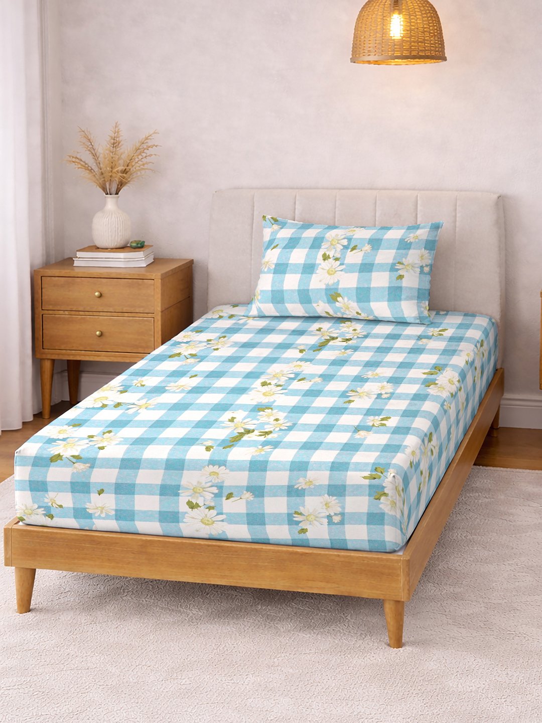 Blue Floral Cotton Blend Single Bedsheet with Pillow Cover