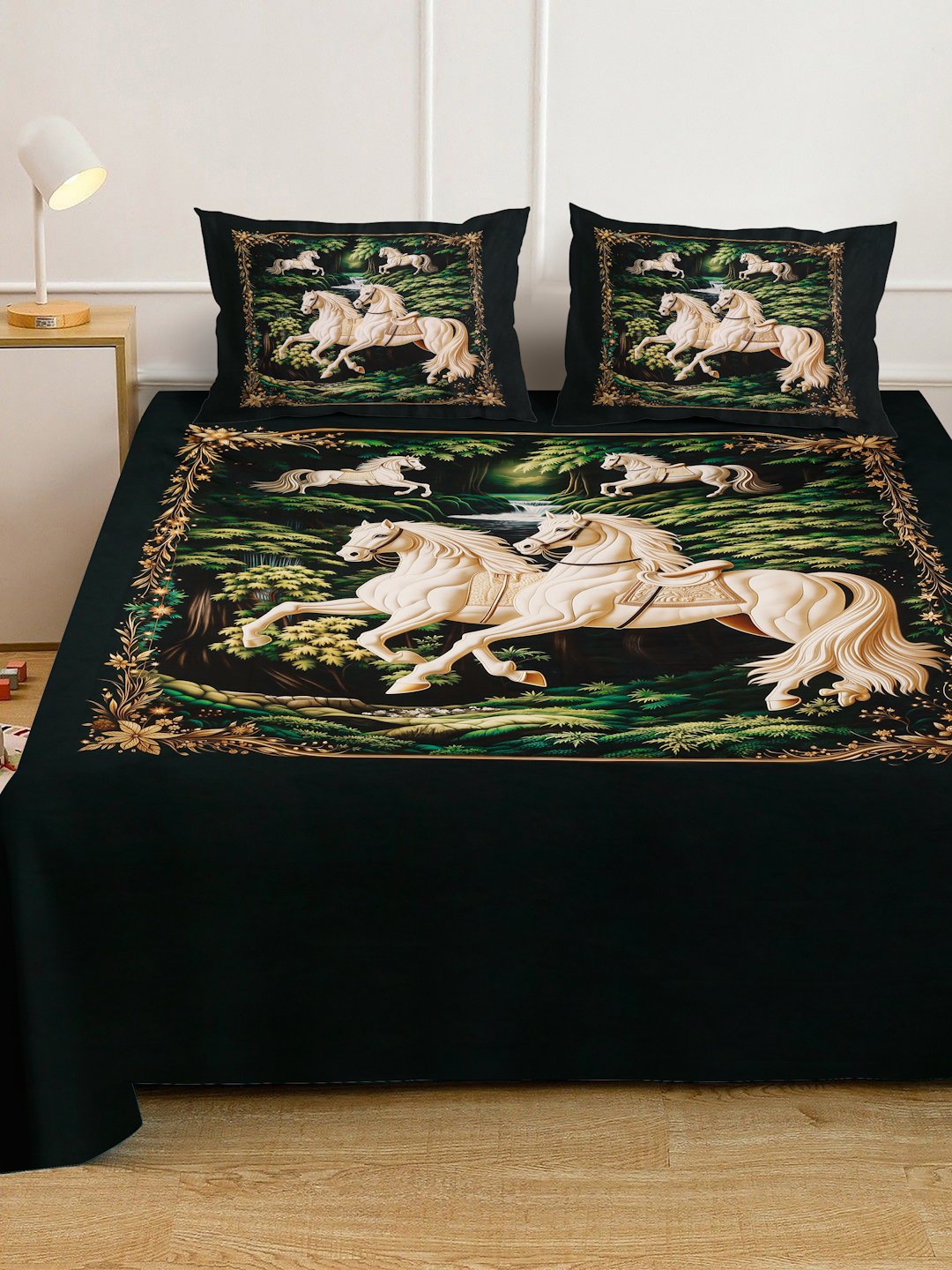Green Digital Animal Printed Cotton Blend Fitted Double Bedsheet with 2 Pillow Covers