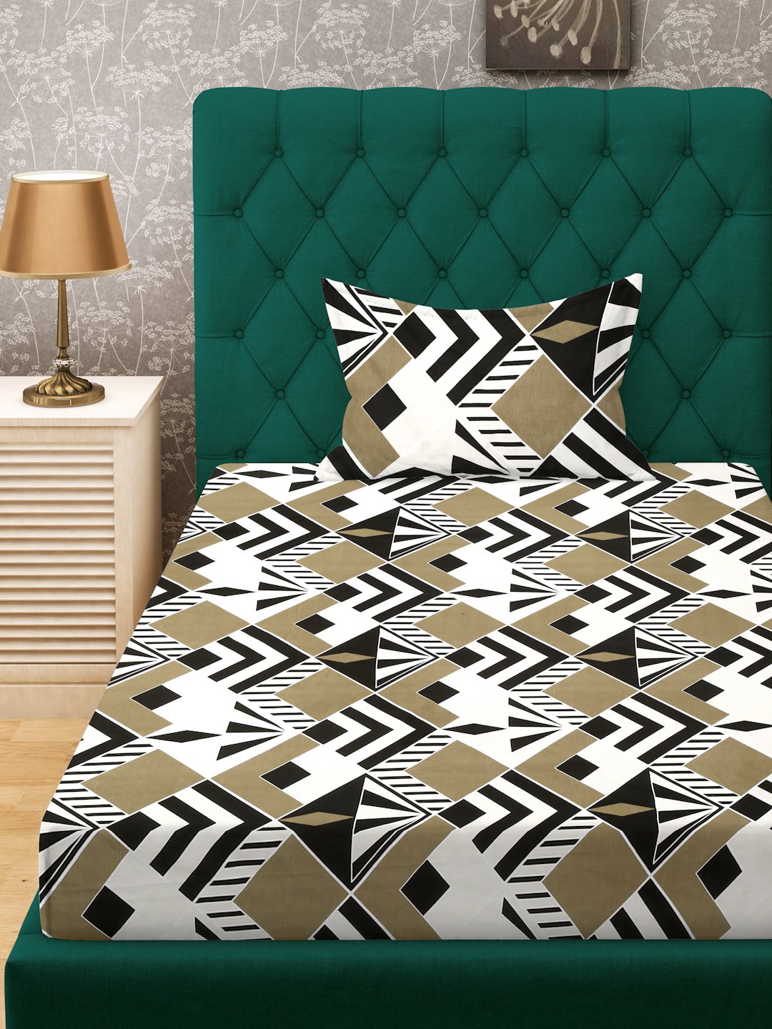 Multi Geometric 300 TC Cotton Blend Fitted Single Bedsheet with Pillow Cover