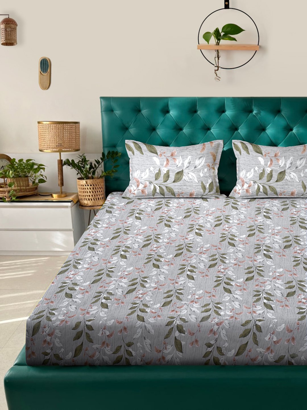 Grey Floral 400 TC Pure Cotton Double Bedsheet in Book Fold Packing