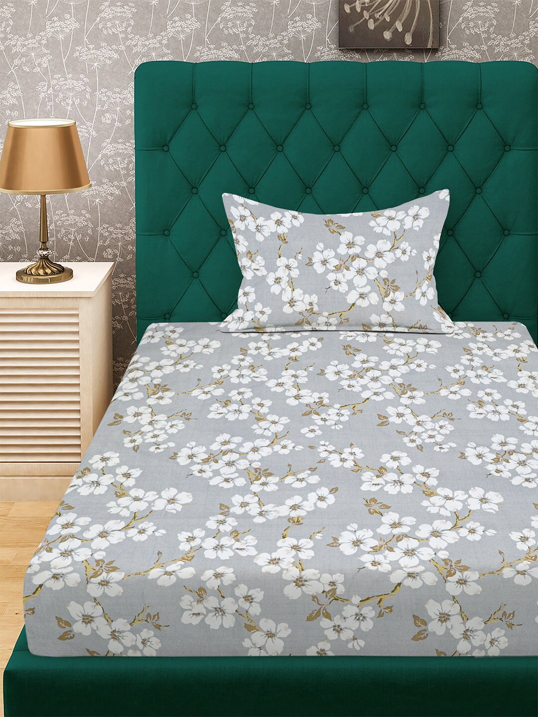 Grey Floral 300 TC Cotton Blend Single Bedsheet with Pillow Cover