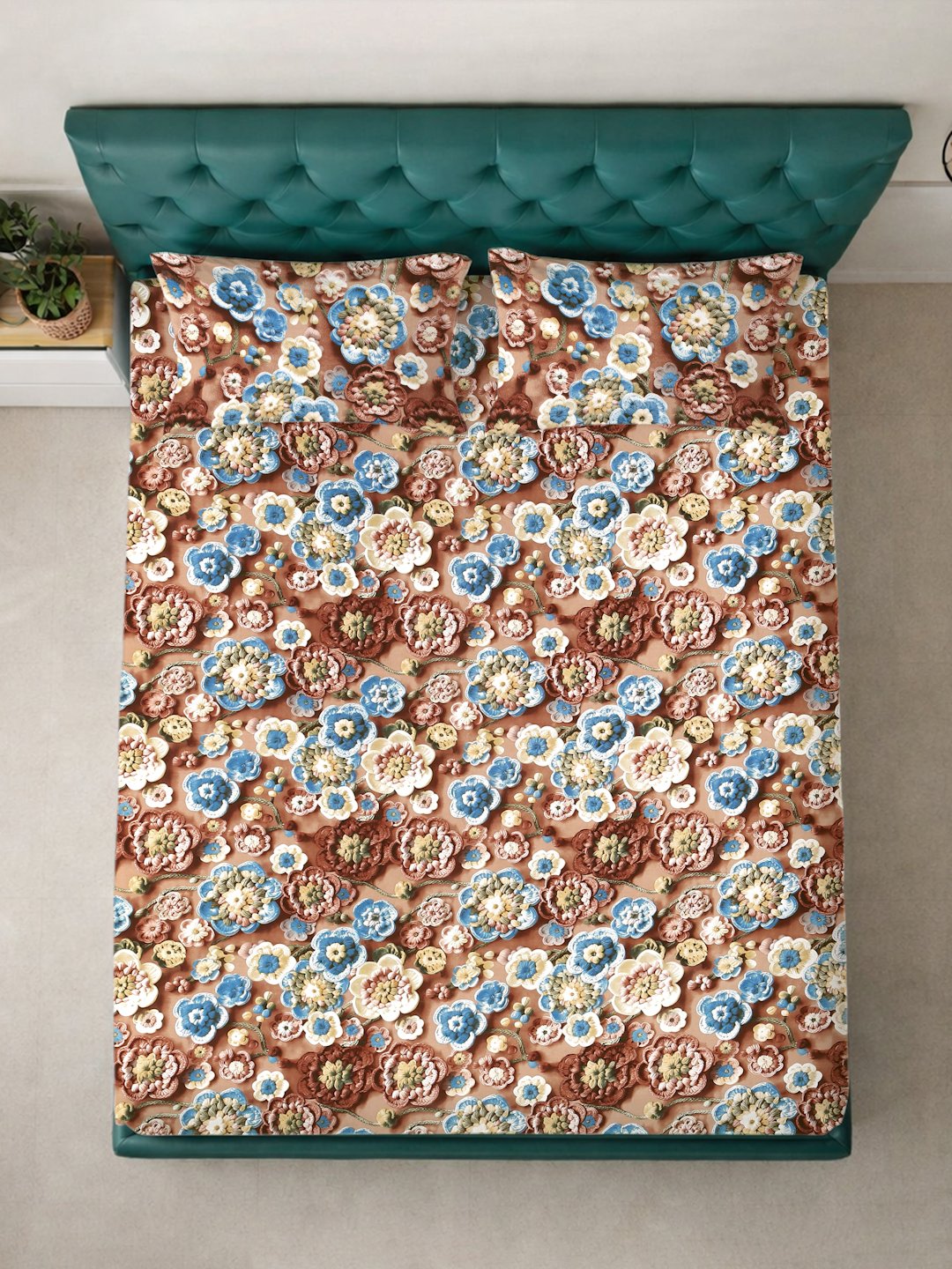 Brown Floral 7D King Size Cotton Blend Fitted Double Bedsheet with 2 Pillow Covers