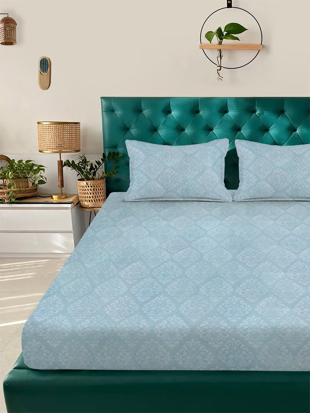 SkyBlue Floral Embossed Cotton Blend Fitted Double Bedsheet with 2 Pillow Covers