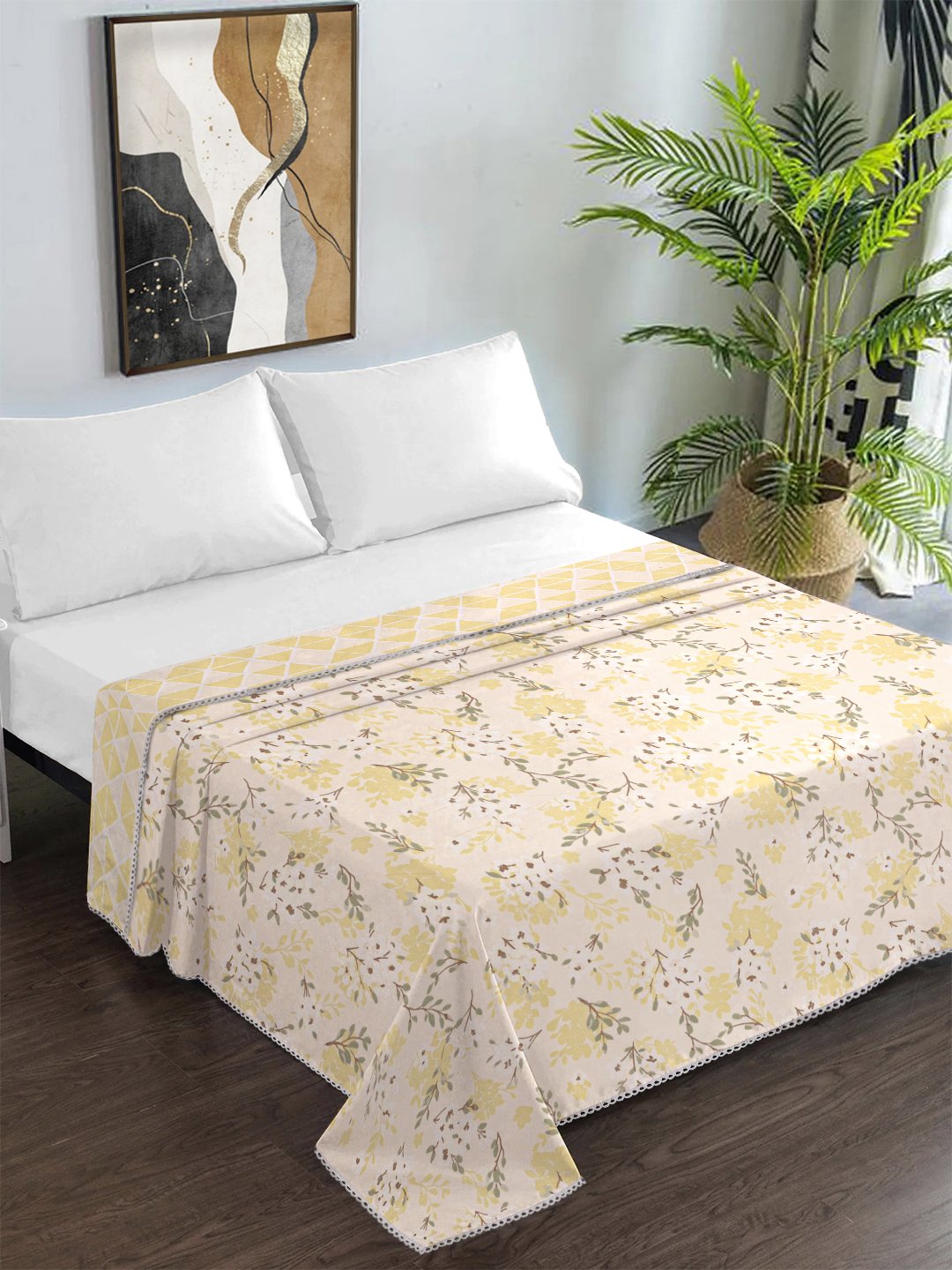 Yellow Cotton Blend Floral Double Bed Dohar