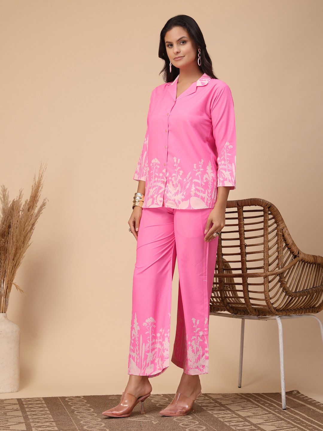 Pink Cotton Printed Shirt With Trousers Co-Ords Set