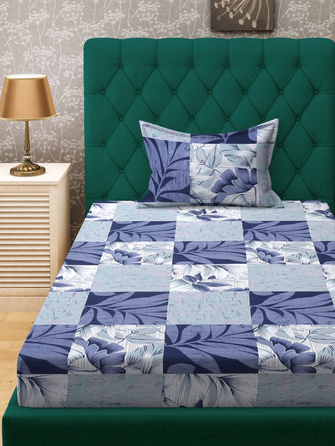 Klotthe Blue Floral 300 TC Cotton Blend Fitted Single Bedsheet with Pillow Cover