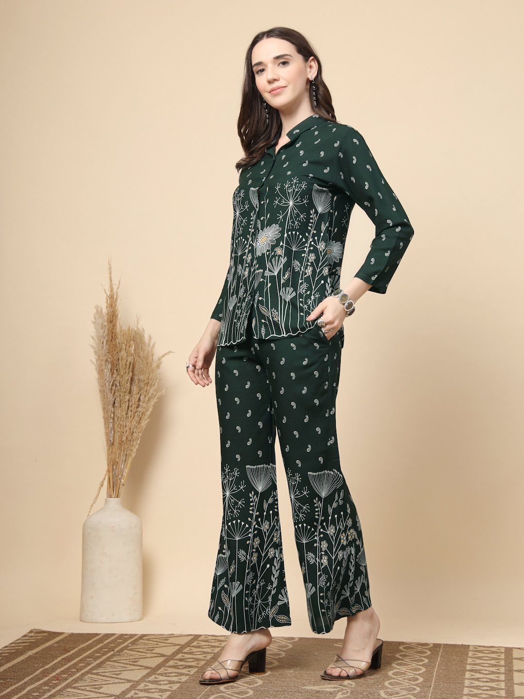 Green Cotton Printed Shirt With Trousers Co-Ords Set