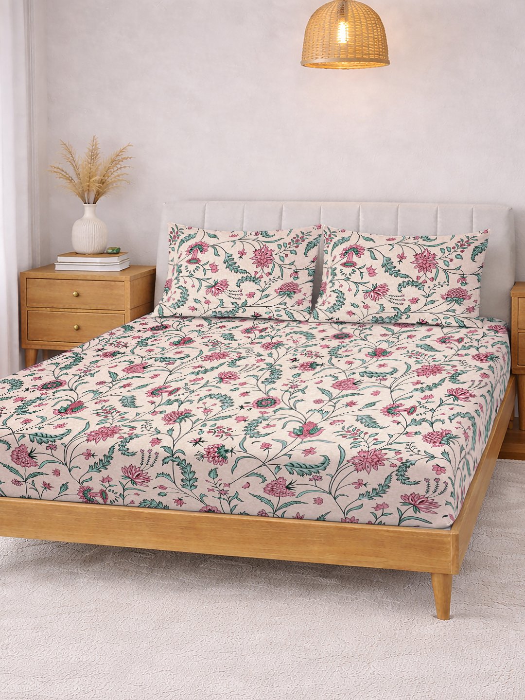 Beige Floral Cotton Blend Double Bedsheet with 2 Pillow Covers