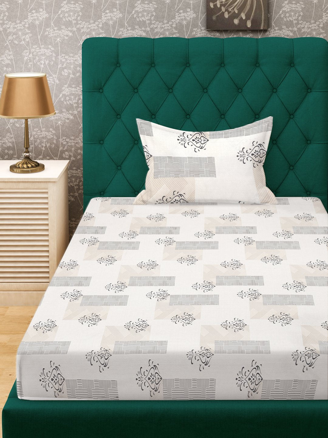Cream Ethnic Motifs 300 TC Cotton Blend Single Bedsheet with Pillow Cover