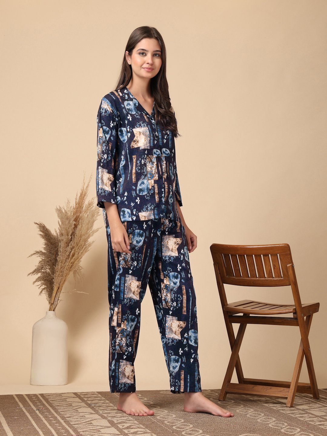 Blue Geometric Cotton Blend Women Night Suit