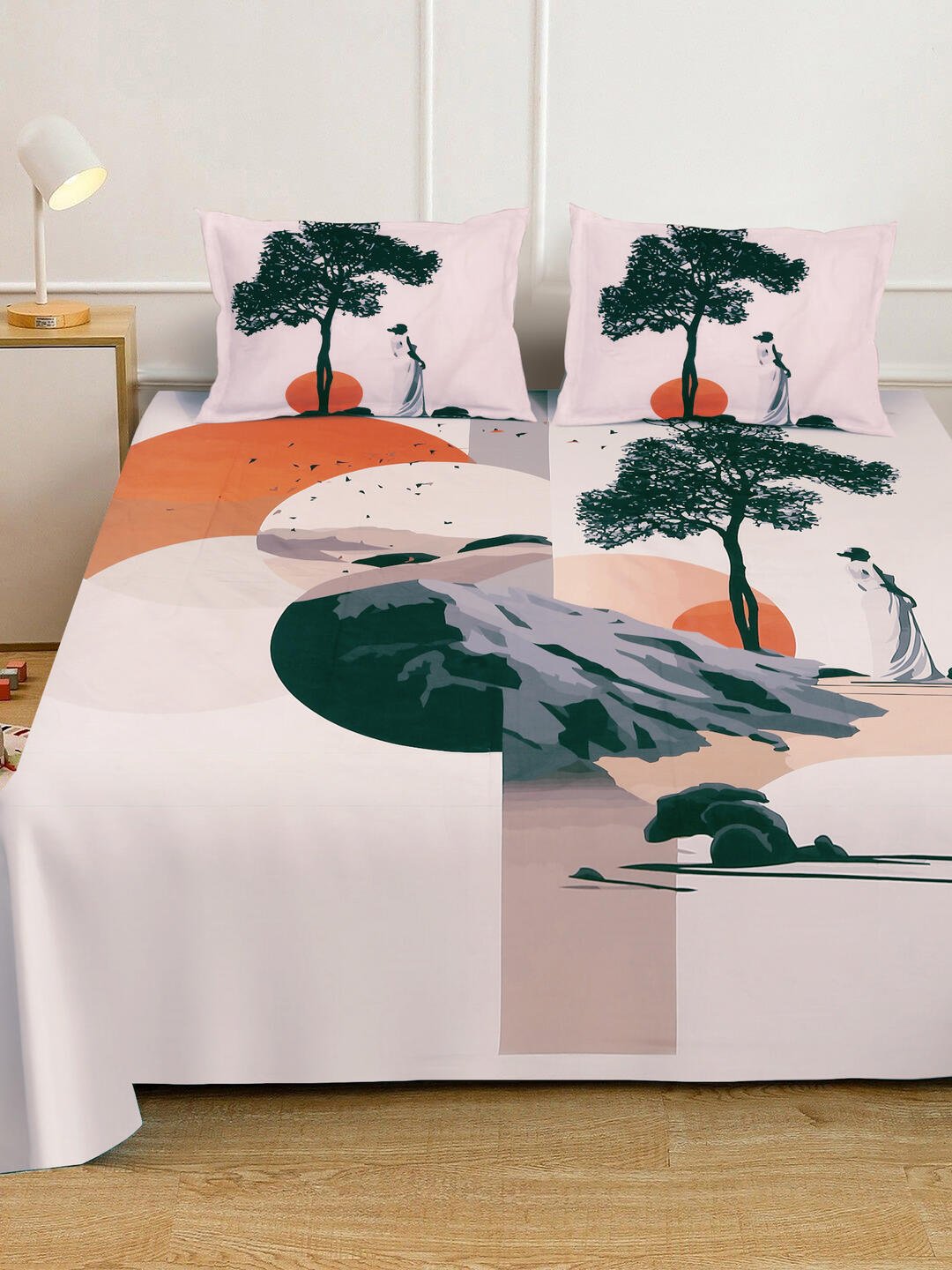 Cream Digital Abstract Printed Fitted Cotton Blend Double Bedsheet with 2 Pillow Covers