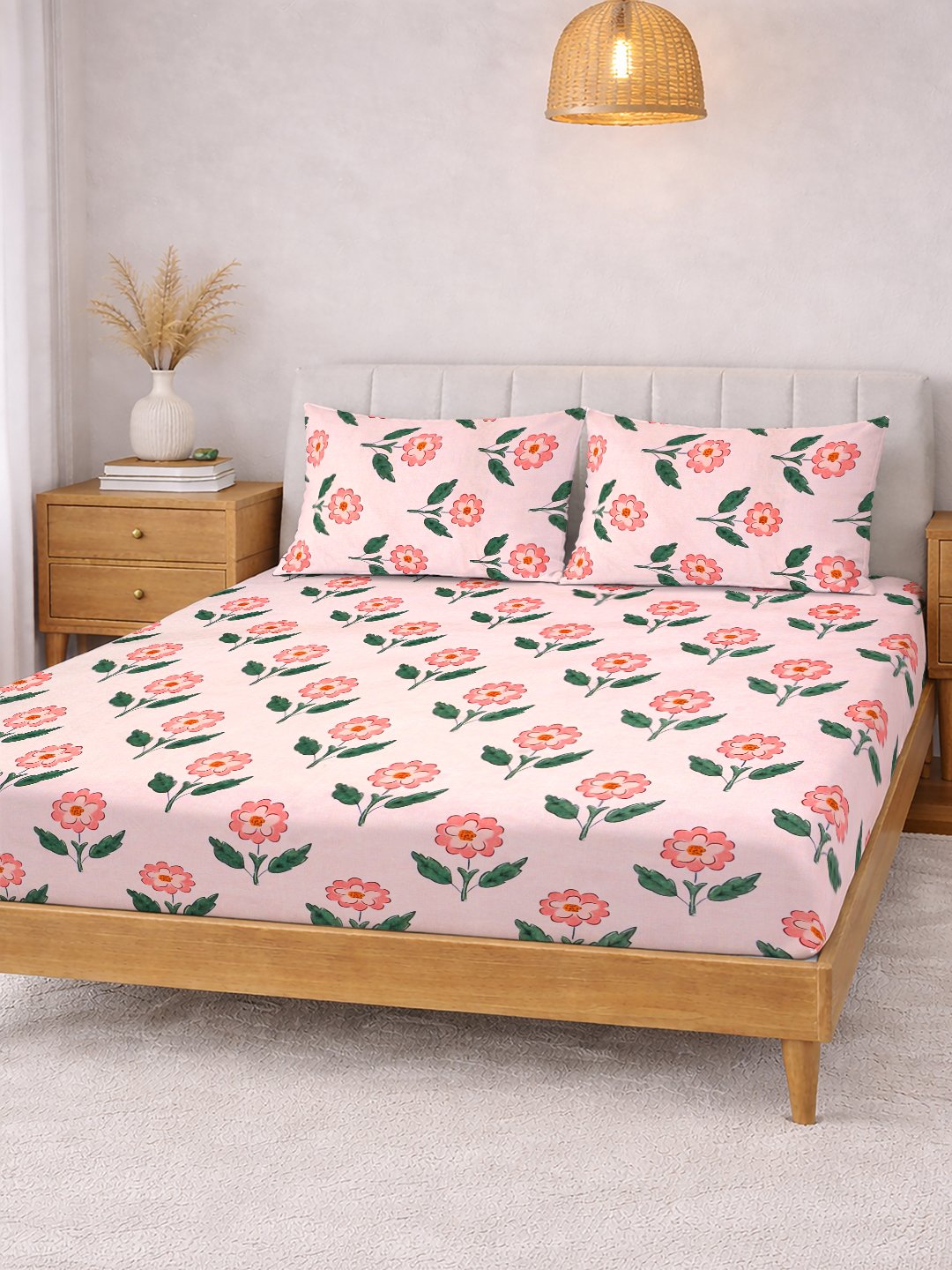 Pink Floral Cotton Blend Double Bedsheet with 2 Pillow Covers