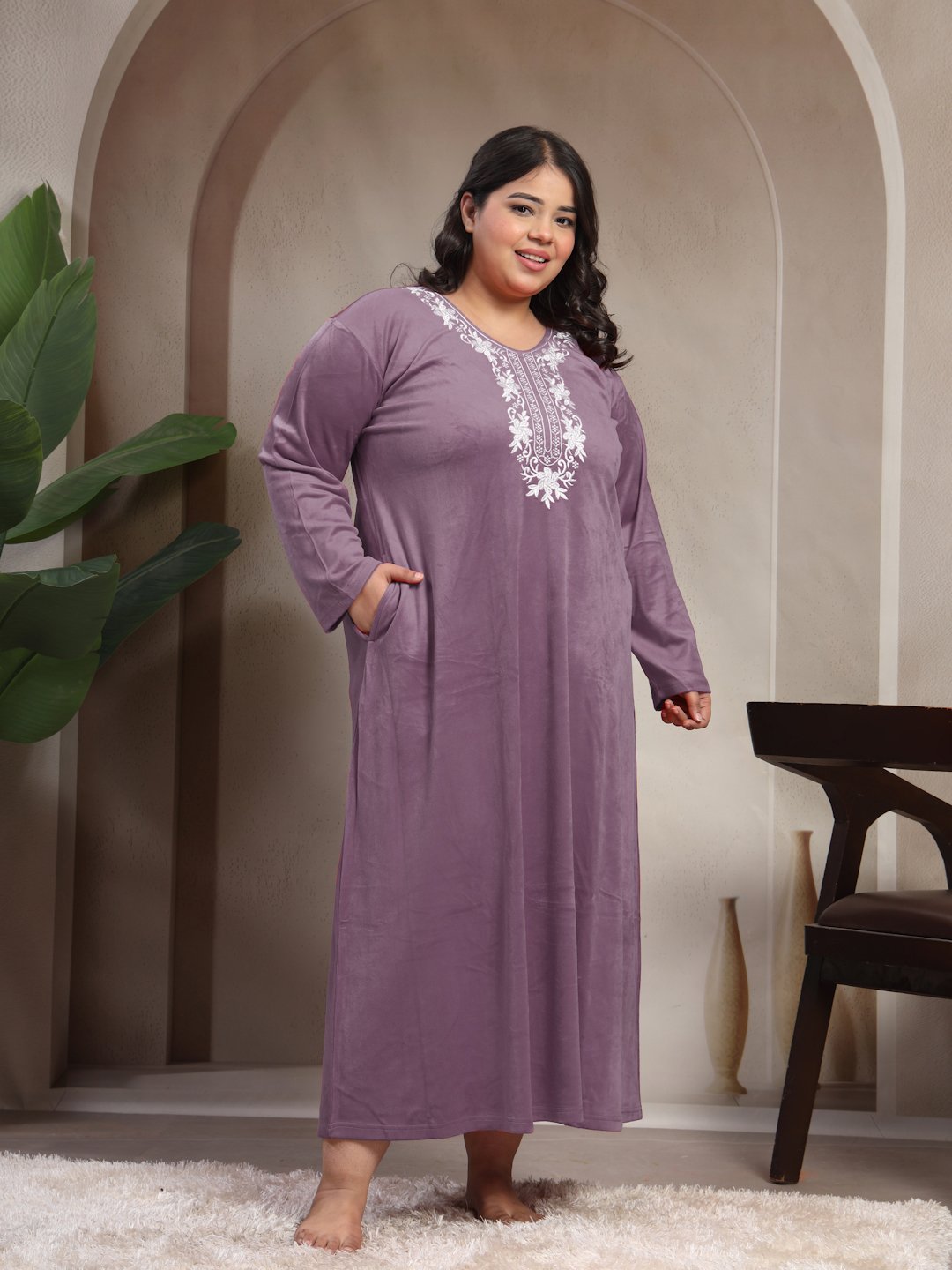 Klotthe Purple Solid Soft touch Velvet Maxi Nightdress