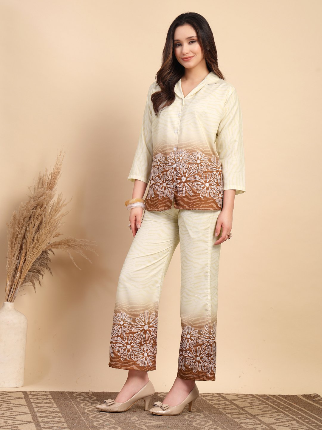 Brown Cotton Printed Shirt With Trousers Co-Ords Set