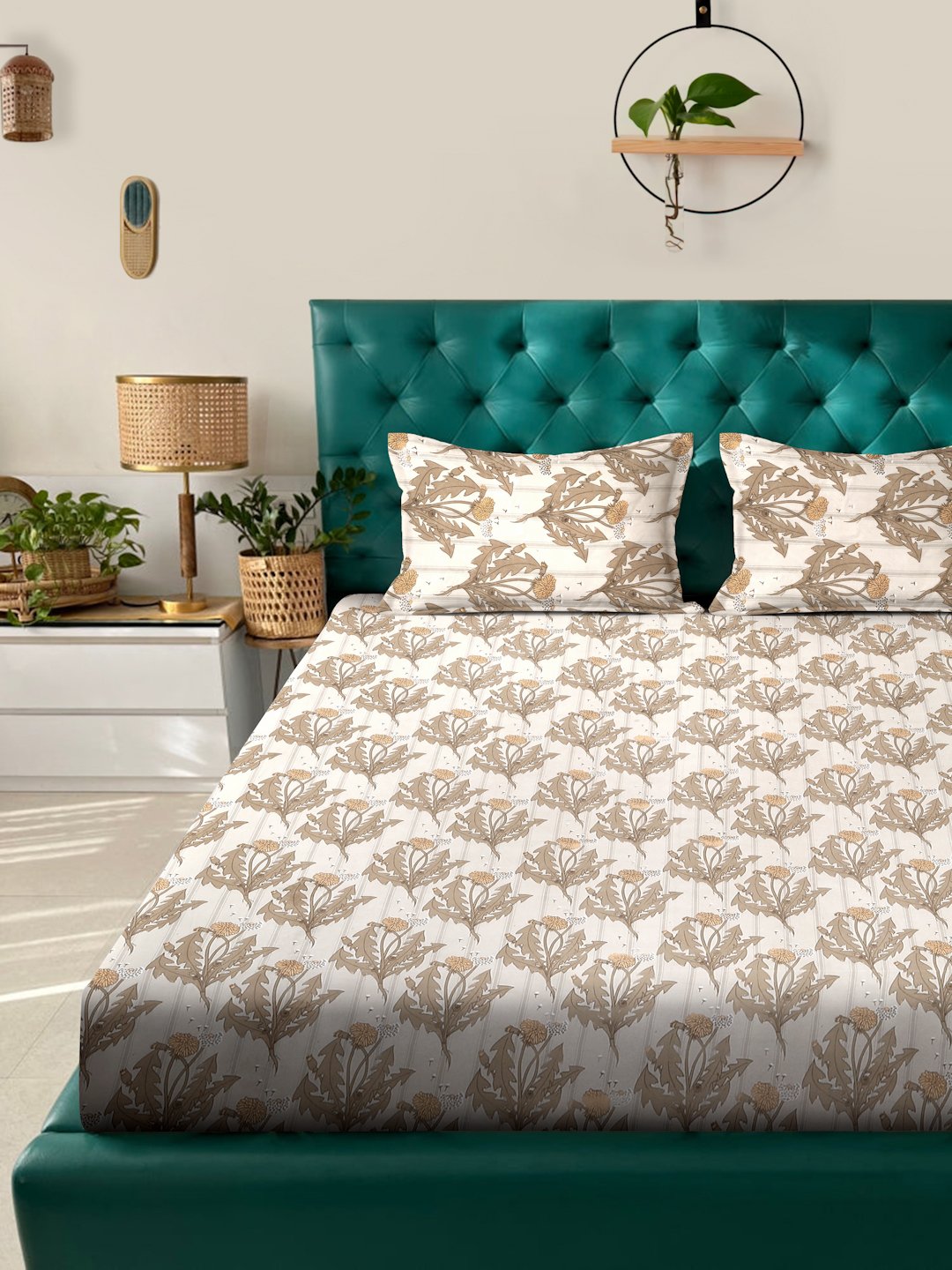 Beige Floral 300 TC Cotton Blend Fitted Super King Double Bedsheet in Book Fold Packing