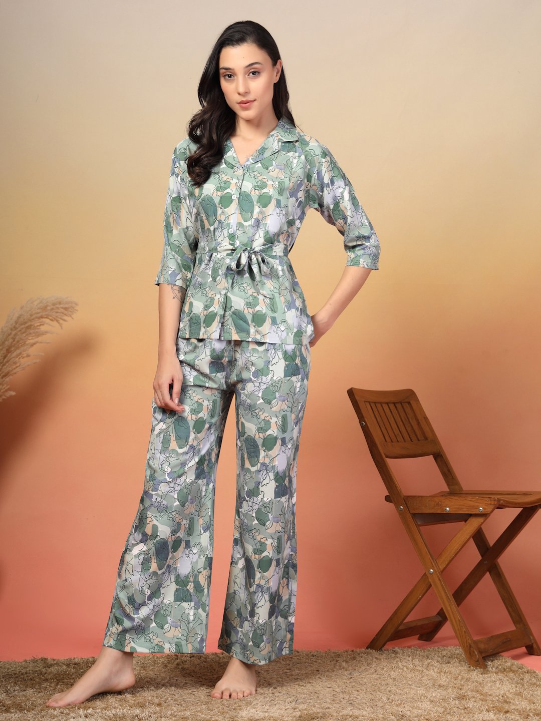 Women Green Floral Cotton Blend Night Suit with Robe