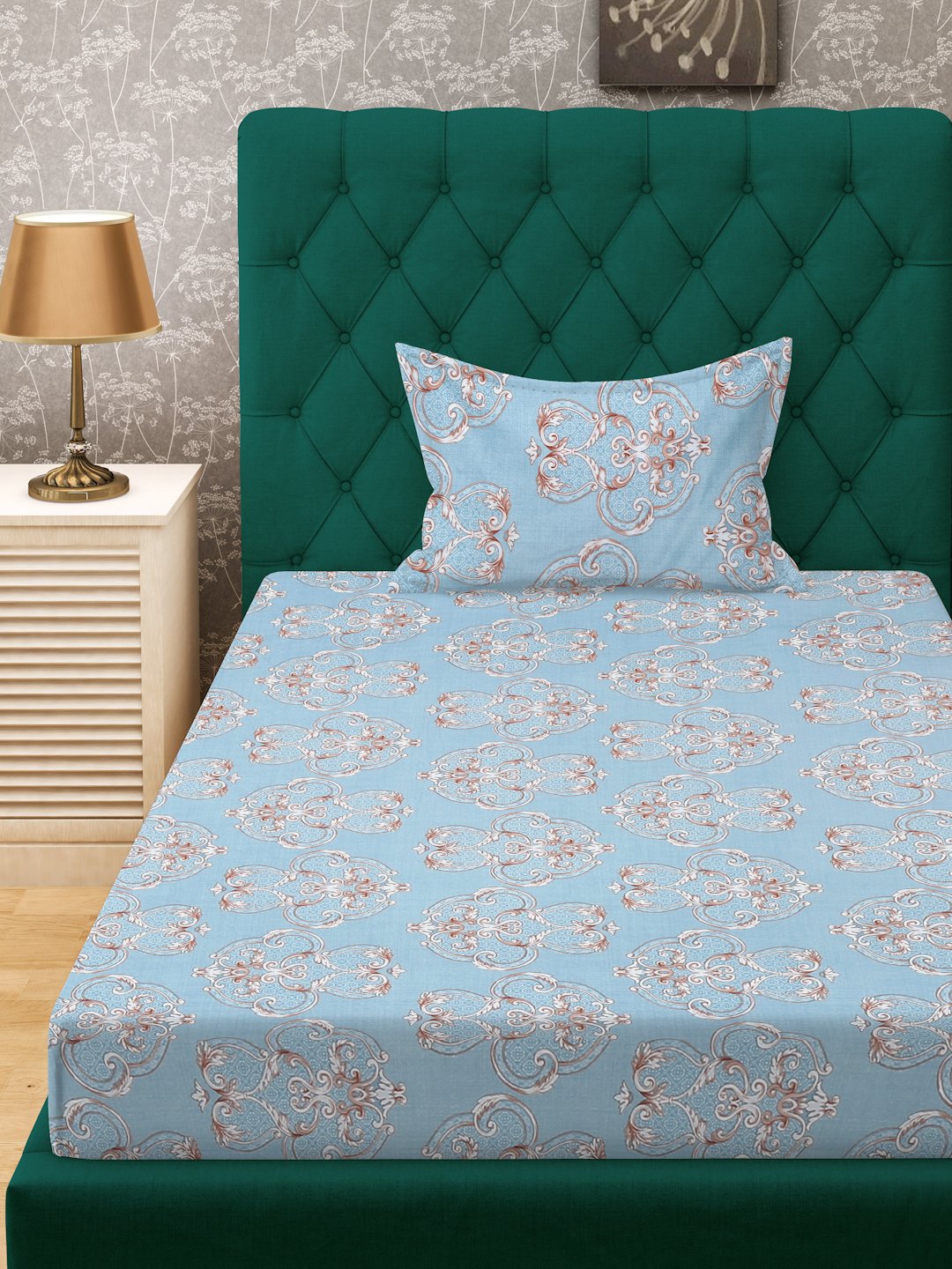 SkyBlue Ethnic Motifs 300 TC Cotton Blend Fitted Single Bedsheet Set in Book Fold Packing