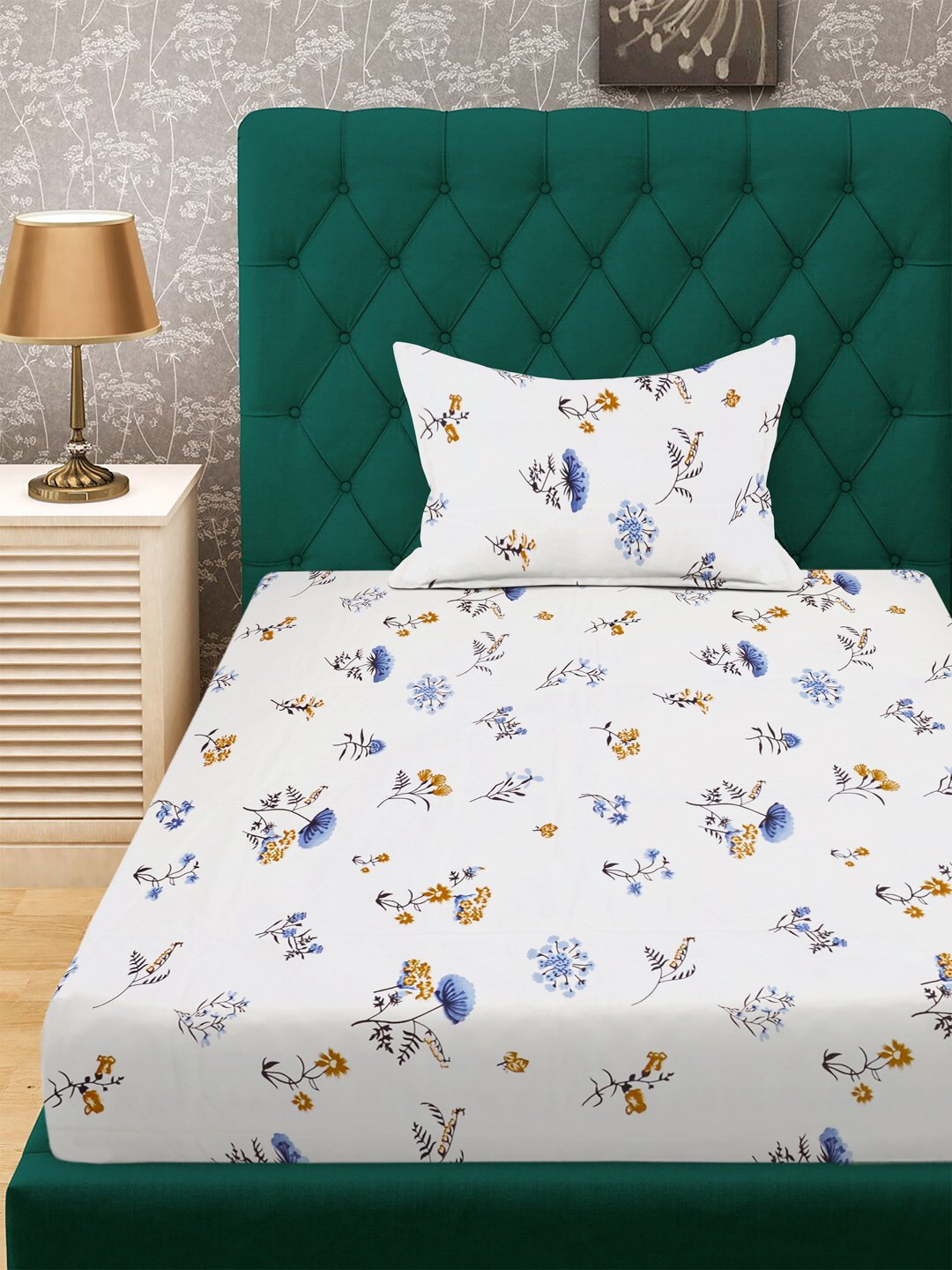 White Floral 300 TC Cotton Blend Fitted Single Bedsheet with Pillow Cover