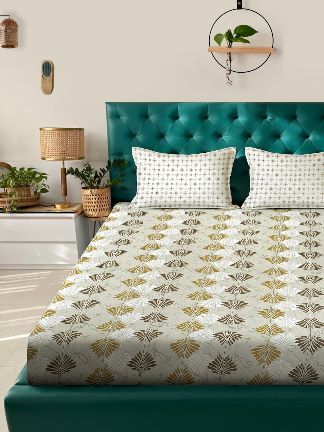 Olive Floral 400 TC Pure Cotton Fitted Double Bedsheet with 2 Pillow Covers