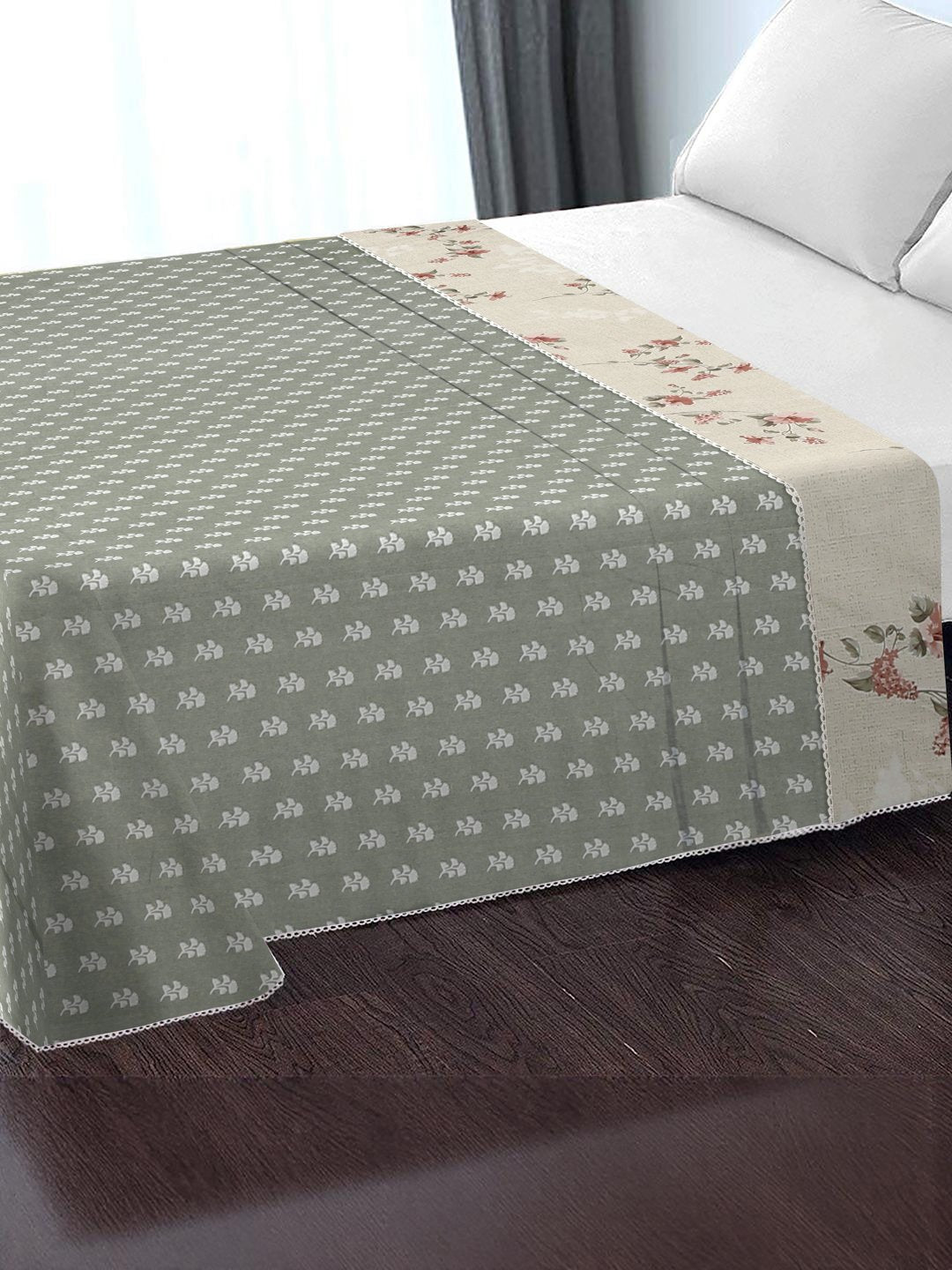 Green Cotton Blend Floral Double Bed Dohar