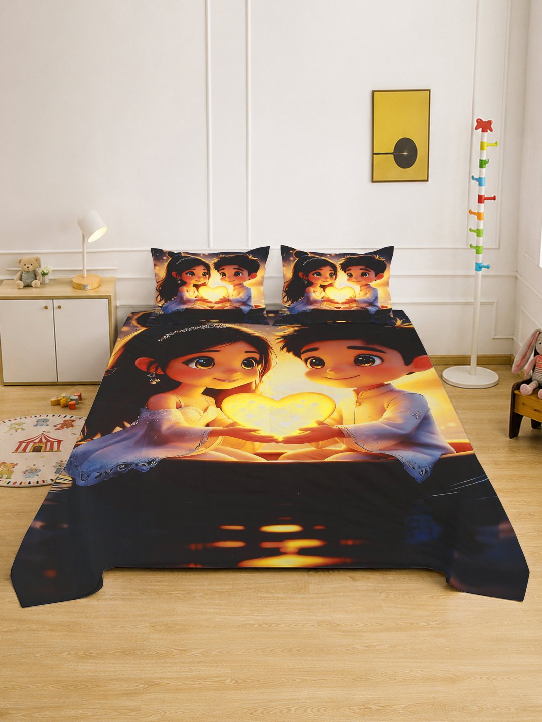 Digital Multi Graphic Cotton Blend Fitted Double Bedsheet with 2 Pillow Covers