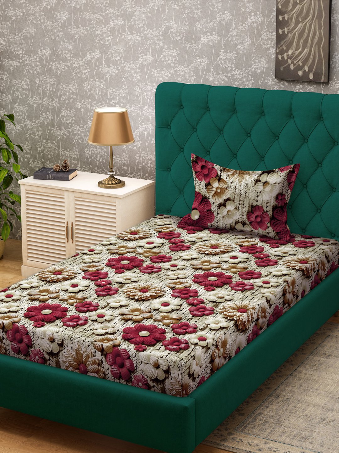 Beige Floral 7D Cotton Blend Single Bedsheet with Pillow Cover