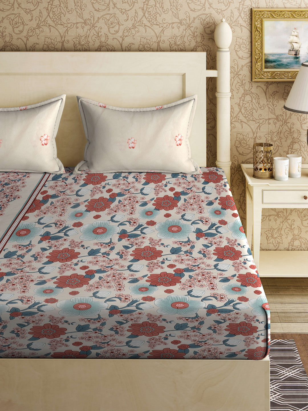 Klotthe Multi Floral 300 TC Cotton Blend Double Bedsheet with 2 Pillow Covers