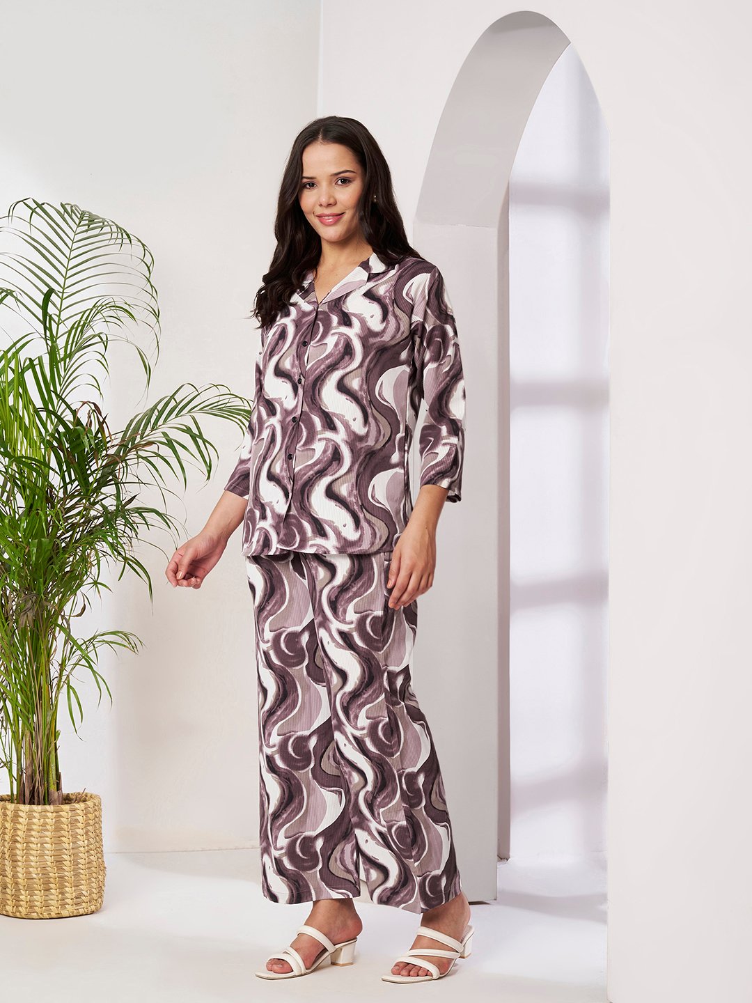 Wine Cotton Printed Shirt With Trousers Co-Ords Set