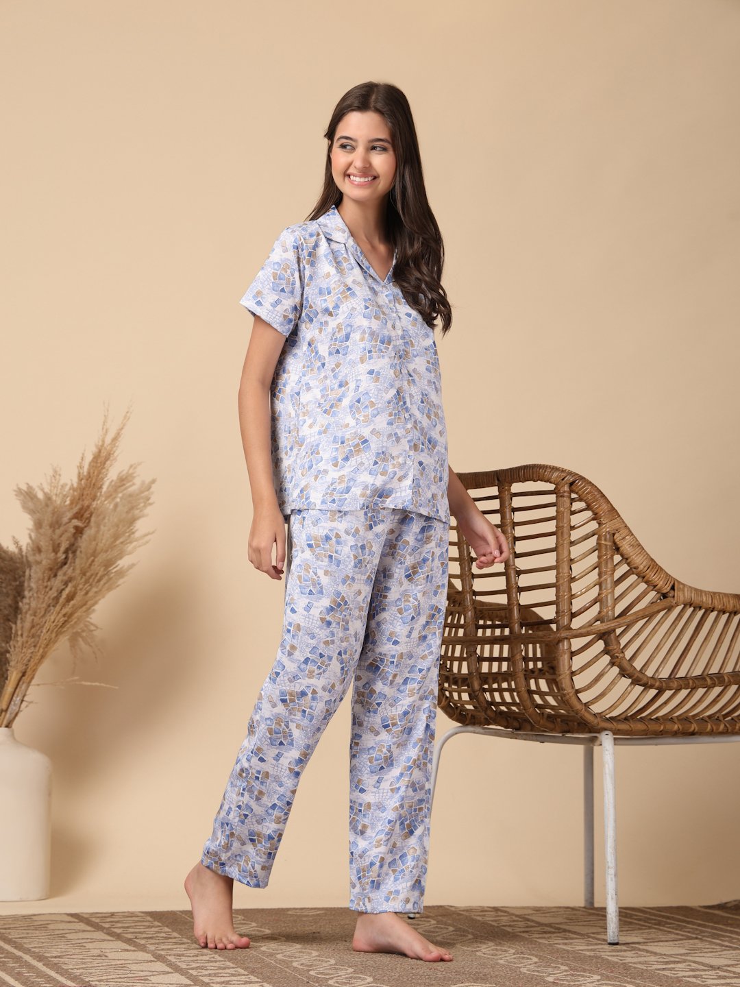 Blue Geometric Cotton Blend Women Night Suit