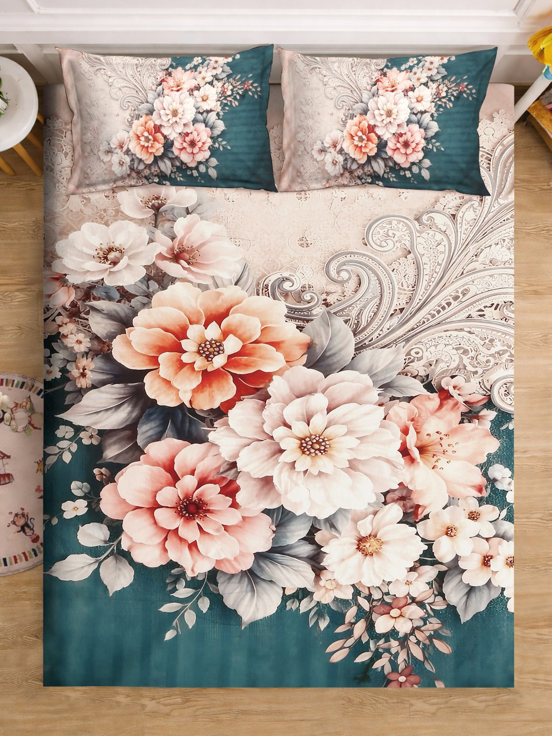 Green Digital Floral Printed Cotton Blend Fitted Double Bedsheet with 2 Pillow Covers
