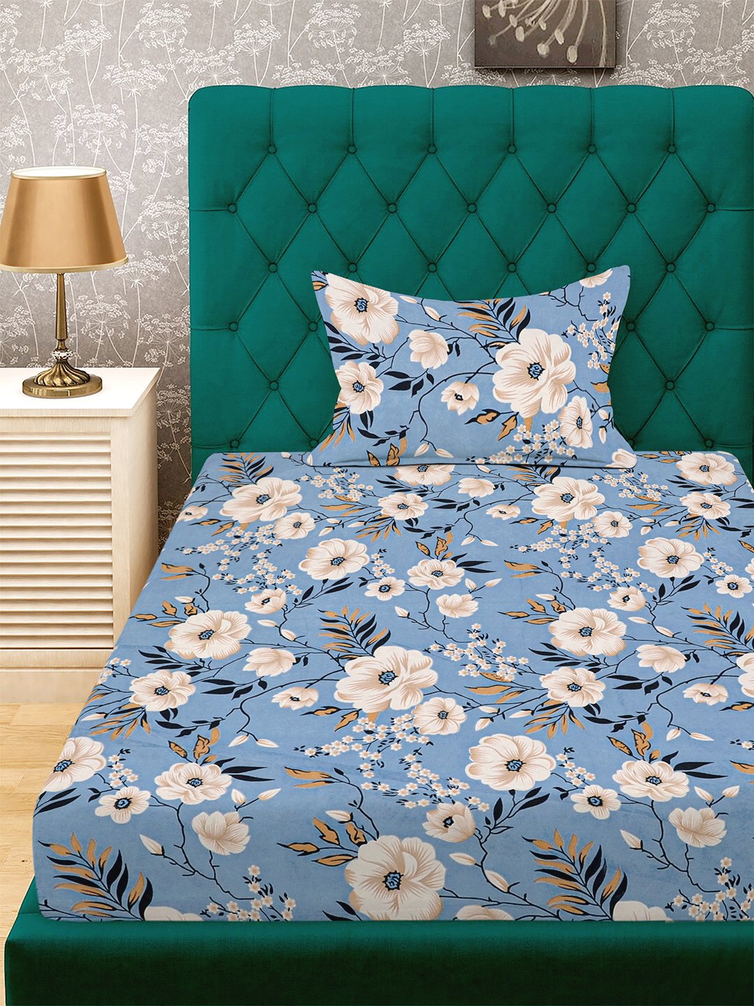 Blue Floral 300 TC Cotton Blend Single Bedsheet with Pillow Cover