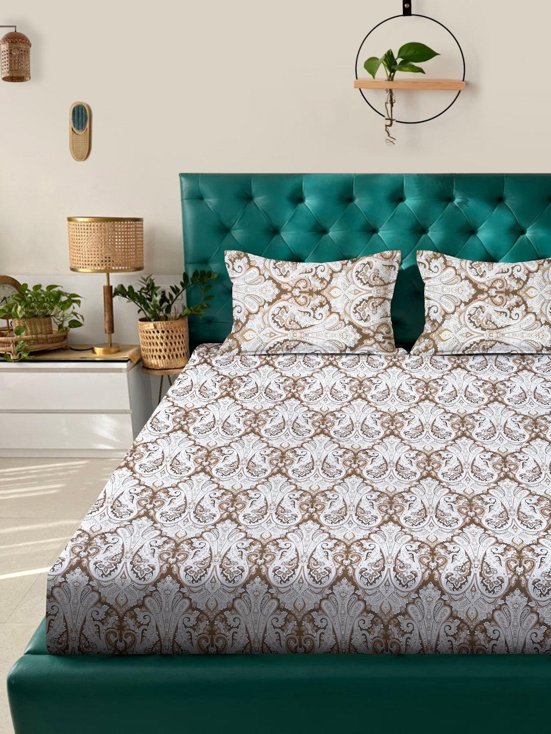 Brown Floral 400 TC Pure Cotton Fitted Double Bedsheet with 2 Pillow Covers