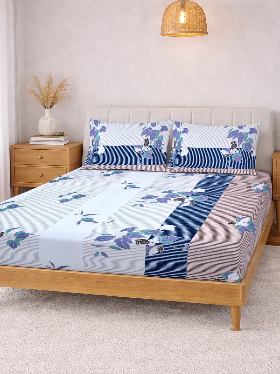 Multi Floral Cotton Blend Double Bedsheet with 2 Pillow Covers