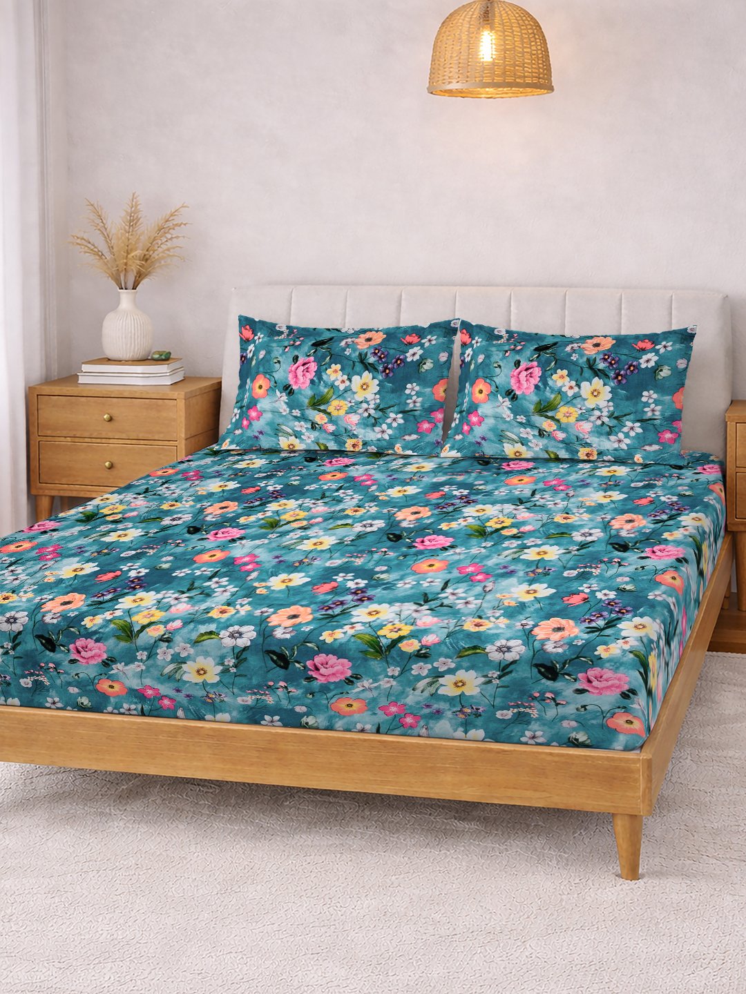 Blue Floral Cotton Blend Fitted Double Bedsheet with 2 Pillow Covers