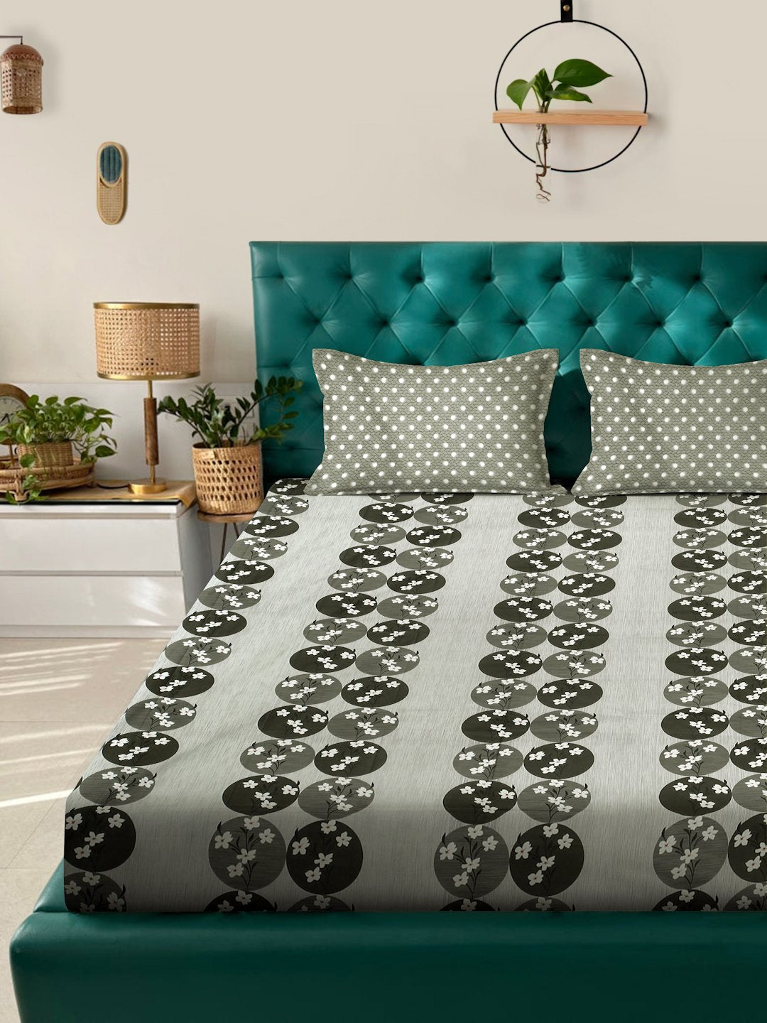 Olive Floral 400 TC Pure Cotton Fitted Double Bedsheet with 2 Pillow Covers