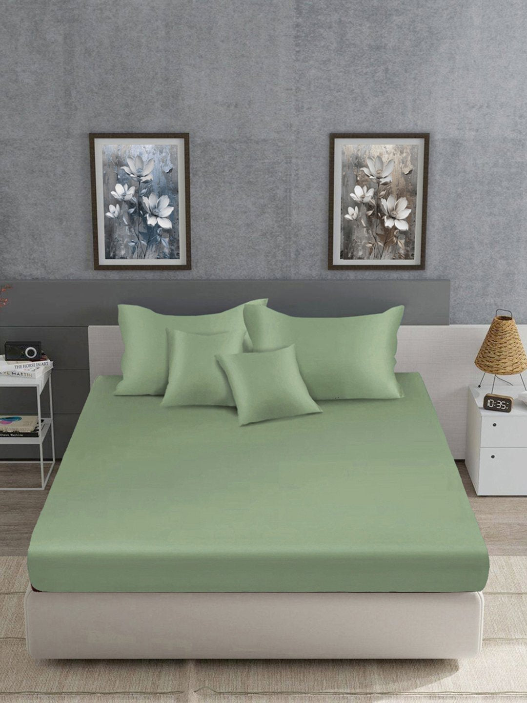 Olive Solid 400 TC Satin Fitted Super King Double Bedsheet with 2 Pillow Covers & 2 Cushion Covers