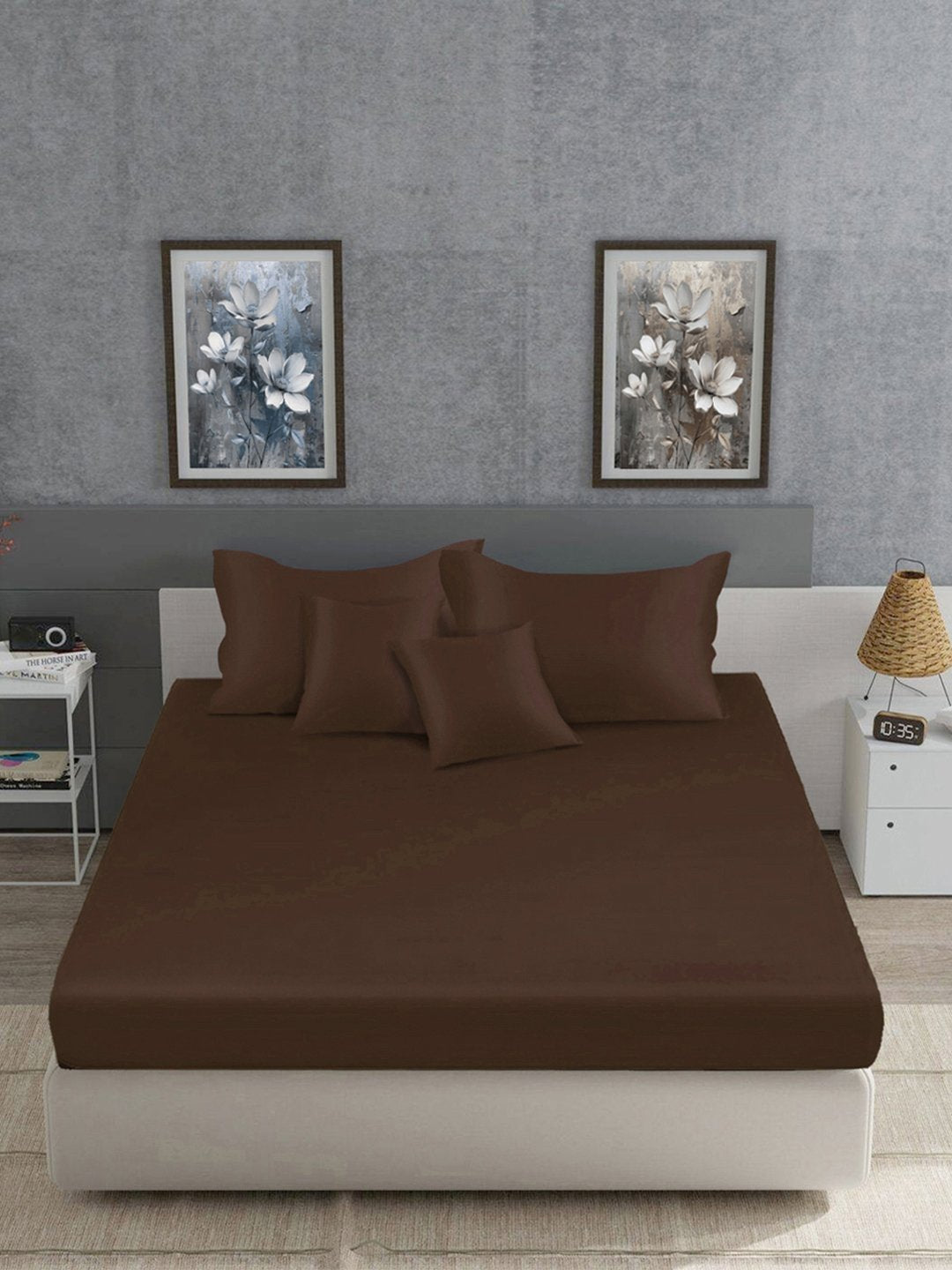 Brown Solid 400 TC Satin Super King Double Bedsheet with 2 Pillow Covers & 2 Cushion Covers